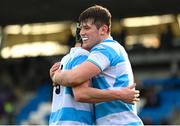 23 February 2023; Alex Mullan of Blackrock College, right, celebrates with teammate Conor Tonge after scoring his side's fourth try during the Bank of Ireland Leinster Rugby Schools Senior Cup Quarter Final match between Blackrock College and Cistercian College at Energia Park in Dublin. Photo by Harry Murphy/Sportsfile