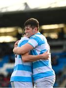 23 February 2023; Alex Mullan of Blackrock College, right, celebrates with teammate Conor Tonge after scoring his side's fourth try during the Bank of Ireland Leinster Rugby Schools Senior Cup Quarter Final match between Blackrock College and Cistercian College at Energia Park in Dublin. Photo by Harry Murphy/Sportsfile