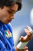 24 February 2023; Ange Capuozzo tapes his hands during the Italy rugby captain's run at the Stadio Olimpico in Rome, Italy. Photo by Ramsey Cardy/Sportsfile