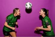 23 February 2023; Chloe Moloney, left, and Lauryn O’Callaghan pose for a portrait during a Peamount United squad portrait session at PRL Park in Greenogue, Dublin. Photo by Seb Daly/Sportsfile