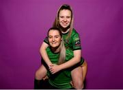 23 February 2023; Louise Masterson and Rachel McGrath pose for a portrait during a Peamount United squad portrait session at PRL Park in Greenogue, Dublin. Photo by Seb Daly/Sportsfile