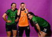 23 February 2023; Peamount United players, from left, Dora Gorman, Niamh Reid Burke and Karen Duggan pose for a portrait during a Peamount United squad portrait session at PRL Park in Greenogue, Dublin. Photo by Seb Daly/Sportsfile