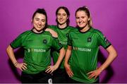 23 February 2023; Peamount United players, from left, Sadhbh Doyle, Karen Duggan and Erin McLaughlin pose for a portrait during a Peamount United squad portrait session at PRL Park in Greenogue, Dublin. Photo by Seb Daly/Sportsfile