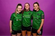 23 February 2023; Peamount United players, from left, Rachel McGrath, Carla McManus and Erin McLaughlin pose for a portrait during a Peamount United squad portrait session at PRL Park in Greenogue, Dublin. Photo by Seb Daly/Sportsfile