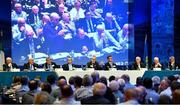 17 February 2023; Delegates at the top table, from left, GAA trustee John Joe O'Carroll, GAA trustee Ned Quinn, Munster GAA chairman Ger Ryan, Ulster GAA president Ciarán McLaughlin, Uachtarán Chumann Lúthchleas Gael Larry McCarthy, Ard Stiúrthóir of the GAA Tom Ryan, outgoing Leinster GAA chairman Pat Teehan, Connacht GAA president John Murphy and Britain GAA president Noel O'Sullivan during day one of the GAA Annual Congress 2023 at Croke Park in Dublin. Photo by Piaras Ó Mídheach/Sportsfile