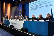 17 February 2023; Delegates at the top table, from left, John Joe O'Carroll, Ned Quinn, Ger Ryan, Ciarán McLaughlin, Uachtarán Chumann Lúthchleas Gael Larry McCarthy, Ard Stiúrthóir of the GAA Tom Ryan, GAA presidential candidate Pat Teehan, John Murphy and Noel O'Sullivan, as they listen to GAA director of finance Ger Mulryan making a presentation during day one of the GAA Annual Congress 2023 at Croke Park in Dublin. Photo by Piaras Ó Mídheach/Sportsfile