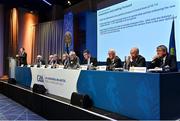 17 February 2023; Delegates at the top table, from left, John Joe O'Carroll, Ned Quinn, Ger Ryan, Ciarán McLaughlin, Uachtarán Chumann Lúthchleas Gael Larry McCarthy, Ard Stiúrthóir of the GAA Tom Ryan, GAA presidential candidate Pat Teehan, John Murphy and Noel O'Sullivan, as they listen to GAA director of finance Ger Mulryan making a presentation during day one of the GAA Annual Congress 2023 at Croke Park in Dublin. Photo by Piaras Ó Mídheach/Sportsfile