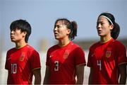 22 February 2023; China PR players, from left, Zhang Rui, Wang Xiaoxue and Wang Linlin before the international friendly match between China PR and Republic of Ireland at Estadio Nuevo Mirador in Algeciras, Spain. Photo by Stephen McCarthy/Sportsfile