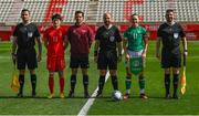 22 February 2023; Republic of Ireland captain Katie McCabe and China PR captain Wang Shanshan with the match officials before the international friendly match between China PR and Republic of Ireland at Estadio Nuevo Mirador in Algeciras, Spain. Photo by Stephen McCarthy/Sportsfile