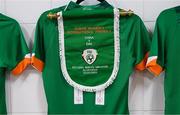22 February 2023; The Republic of Ireland pennant hangs over the jersey of captain Katie McCabe in the Republic of Ireland dressing room before the international friendly match between China PR and Republic of Ireland at Estadio Nuevo Mirador in Algeciras, Spain. Photo by Stephen McCarthy/Sportsfile
