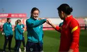 22 February 2023; Heather Payne of Republic of Ireland and Yujie Zhao of China PR before the international friendly match between China PR and Republic of Ireland at Estadio Nuevo Mirador in Algeciras, Spain. Photo by Stephen McCarthy/Sportsfile