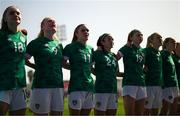 22 February 2023; Republic of Ireland players, from left, Izzy Atkinson, Amber Barrett, Jamie Finn, Marissa Sheva, Hayley Nolan, Diane Caldwell and Claire Walsh stand for the playing of the National Anthem before the international friendly match between China PR and Republic of Ireland at Estadio Nuevo Mirador in Algeciras, Spain. Photo by Stephen McCarthy/Sportsfile