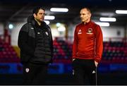 24 February 2023; Derry City head coach Ruaidhrí Higgins, left, and Cork City manager Colin Healy before the SSE Airtricity Men's Premier Division match between Derry City and Cork City at The Ryan McBride Brandywell Stadium in Derry. Photo by Ben McShane/Sportsfile