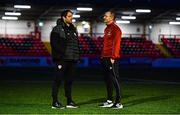 24 February 2023; Derry City head coach Ruaidhrí Higgins, left, and Cork City manager Colin Healy before the SSE Airtricity Men's Premier Division match between Derry City and Cork City at The Ryan McBride Brandywell Stadium in Derry. Photo by Ben McShane/Sportsfile