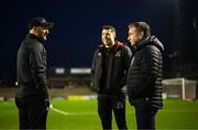 24 February 2023; Bohemians director of football Pat Fenlon, right, with Dundalk head coach Stephen O'Donnell, left, and Dundalk head of football operations Brian Gartland, centre, before the SSE Airtricity Men's Premier Division match between Bohemians and Dundalk at Dalymount Park in Dublin. Photo by Stephen McCarthy/Sportsfile