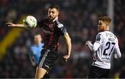 24 February 2023; Jordan Flores of Bohemians in action against Connor Malley of Dundalk during the SSE Airtricity Men's Premier Division match between Bohemians and Dundalk at Dalymount Park in Dublin. Photo by Stephen McCarthy/Sportsfile