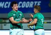 24 February 2023; Fintan Gunne of Ireland, right, celebrates with teammate Gus McCarthy after scoring his side's second try during the U20 Six Nations Rugby Championship match between Italy and Ireland at Stadio Comunale di Monigo in Parma, Italy. Photo by Roberto Bregani/Sportsfile
