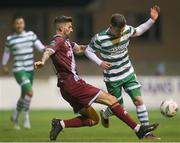 24 February 2023; Trevor Clarke of Shamrock Rovers in action against Adam Foley of Drogheda United during the SSE Airtricity Men's Premier Division match between Drogheda United and Shamrock Rovers at Weaver's Park in Drogheda, Louth. Photo by Michael P Ryan/Sportsfile