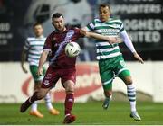 24 February 2023; Ryan Brennan of Drogheda United in action against Graham Burke of Shamrock Rovers during the SSE Airtricity Men's Premier Division match between Drogheda United and Shamrock Rovers at Weaver's Park in Drogheda, Louth. Photo by Michael P Ryan/Sportsfile