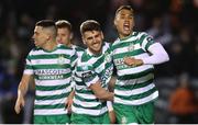 24 February 2023; Graham Burke of Shamrock Rovers, right, celebrates after scoring his side's first goal during the SSE Airtricity Men's Premier Division match between Drogheda United and Shamrock Rovers at Weaver's Park in Drogheda, Louth. Photo by Michael P Ryan/Sportsfile