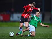 24 February 2023; Ryan Graydon of Derry City is tackled by Barry Coffey of Cork City during the SSE Airtricity Men's Premier Division match between Derry City and Cork City at The Ryan McBride Brandywell Stadium in Derry. Photo by Ben McShane/Sportsfile