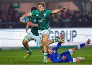 24 February 2023; Hugh Gavin of Ireland in action against Sebastiano Battara of Italy during the U20 Six Nations Rugby Championship match between Italy and Ireland at Stadio Comunale di Monigo in Parma, Italy. Photo by Roberto Bregani/Sportsfile