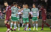 24 February 2023; Graham Burke of Shamrock Rovers celebrates with teammates after scoring his side's first goal during the SSE Airtricity Men's Premier Division match between Drogheda United and Shamrock Rovers at Weaver's Park in Drogheda, Louth. Photo by Michael P Ryan/Sportsfile