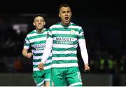24 February 2023; Graham Burke of Shamrock Rovers celebrates after scoring his side's first goal during the SSE Airtricity Men's Premier Division match between Drogheda United and Shamrock Rovers at Weaver's Park in Drogheda, Louth. Photo by Michael P Ryan/Sportsfile
