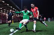 24 February 2023; Joshua Honohan of Cork City in action against Jordan McEneff of Derry City during the SSE Airtricity Men's Premier Division match between Derry City and Cork City at The Ryan McBride Brandywell Stadium in Derry. Photo by Ben McShane/Sportsfile