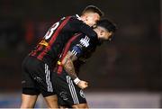 24 February 2023; Declan McDaid of Bohemians celebrates with team-mate Kacper Radkowski, left, after scoring their side's second goal during the SSE Airtricity Men's Premier Division match between Bohemians and Dundalk at Dalymount Park in Dublin. Photo by Stephen McCarthy/Sportsfile