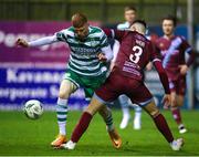 24 February 2023; Darragh Nugent of Shamrock Rovers in action against Evan Weir of Drogheda United during the SSE Airtricity Men's Premier Division match between Drogheda United and Shamrock Rovers at Weaver's Park in Drogheda, Louth. Photo by Michael P Ryan/Sportsfile