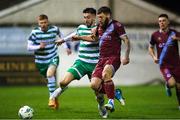 24 February 2023; Gary Deegan of Drogheda United in action against Neil Farrugia of Shamrock Rovers during the SSE Airtricity Men's Premier Division match between Drogheda United and Shamrock Rovers at Weaver's Park in Drogheda, Louth. Photo by Michael P Ryan/Sportsfile