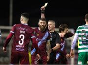 24 February 2023; Gary Deegan of Drogheda United is shown a yellow card by referee Sean Grant during the SSE Airtricity Men's Premier Division match between Drogheda United and Shamrock Rovers at Weaver's Park in Drogheda, Louth. Photo by Michael P Ryan/Sportsfile