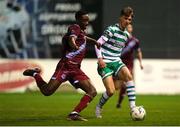 24 February 2023; Johnny Kenny of Shamrock Rovers in action against Elicha Ahui of Drogheda United during the SSE Airtricity Men's Premier Division match between Drogheda United and Shamrock Rovers at Weaver's Park in Drogheda, Louth. Photo by Michael P Ryan/Sportsfile