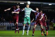 24 February 2023; Ryan Brennan of Drogheda United in action against Graham Burke of Shamrock Rovers during the SSE Airtricity Men's Premier Division match between Drogheda United and Shamrock Rovers at Weaver's Park in Drogheda, Louth. Photo by Michael P Ryan/Sportsfile
