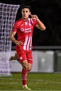 24 February 2023; Max Mata of Sligo Rovers celebrates scoring his hat-trick during the SSE Airtricity Men's Premier Division match between UCD and Sligo Rovers at UCD Bowl in Dublin. Photo by Stephen Marken/Sportsfile