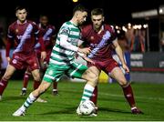 24 February 2023; Neil Farrugia of Shamrock Rovers in action against Conor Keeley of Drogheda United during the SSE Airtricity Men's Premier Division match between Drogheda United and Shamrock Rovers at Weaver's Park in Drogheda, Louth. Photo by Michael P Ryan/Sportsfile