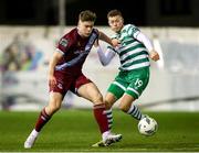 24 February 2023; Freddie Draper of Drogheda United in action against Markus Poom of Shamrock Rovers during the SSE Airtricity Men's Premier Division match between Drogheda United and Shamrock Rovers at Weaver's Park in Drogheda, Louth. Photo by Michael P Ryan/Sportsfile