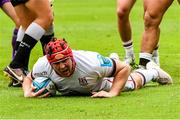 25 February 2023; Tom Stewart of Ulster scores his side's first try during the United Rugby Championship match between Cell C Sharks and Ulster at HollywoodBets Kings Park in Durban, South Africa. Photo by Darren Stewart/Sportsfile