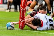 25 February 2023; Aaron Sexton of Ulster scores a try which was subequently disallowed during the United Rugby Championship match between Cell C Sharks and Ulster at HollywoodBets Kings Park in Durban, South Africa. Photo by Darren Stewart/Sportsfile