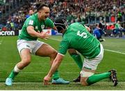25 February 2023; James Ryan of Ireland, right, celebrates with teammate James Lowe after scoring his side's first try in the 3rd minute during the Guinness Six Nations Rugby Championship match between Italy and Ireland at the Stadio Olimpico in Rome, Italy. Photo by Seb Daly/Sportsfile
