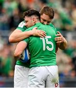 25 February 2023; Hugo Keenan of Ireland, 15, celebrates with teammate Iain Henderson after scoring his side's second try during the Guinness Six Nations Rugby Championship match between Italy and Ireland at the Stadio Olimpico in Rome, Italy. Photo by Seb Daly/Sportsfile