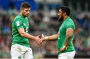 25 February 2023; Ross Byrne, left, and Bundee Aki of Ireland during the Guinness Six Nations Rugby Championship match between Italy and Ireland at the Stadio Olimpico in Rome, Italy. Photo by Seb Daly/Sportsfile