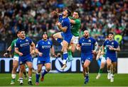 25 February 2023; Edoardo Padovani of Italy and James Lowe of Ireland contest a high ball during the Guinness Six Nations Rugby Championship match between Italy and Ireland at the Stadio Olimpico in Rome, Italy. Photo by Seb Daly/Sportsfile