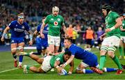 25 February 2023; Bundee Aki of Ireland dives over the line to score his side's fifth try which was subsequently disallowed during the Guinness Six Nations Rugby Championship match between Italy and Ireland at the Stadio Olimpico in Rome, Italy. Photo by Seb Daly/Sportsfile