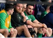 25 February 2023; Injured Ireland player Finlay Bealham, centre, watches on during the Guinness Six Nations Rugby Championship match between Italy and Ireland at the Stadio Olimpico in Rome, Italy. Photo by Seb Daly/Sportsfile