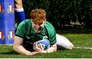 24 February 2023; Rory Telfer of Ireland scores a try during the U20 Six Nations Rugby Championship match between Italy and Ireland at Stadio Comunale di Monigo in Parma, Italy. Photo by Roberto Bregani/Sportsfile