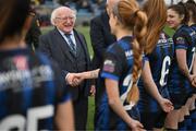 25 February 2023; President of Ireland Michael D Higgins meets Athlone Town players before the FAI Women's President's Cup match between Athlone Town and Shelbourne at Athlone Town Stadium in Athlone, Westmeath. Photo by Stephen McCarthy/Sportsfile