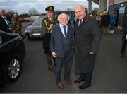 25 February 2023; President of Ireland Michael D Higgins is greeted by FAI President Gerry McAnaney on his arrival for the FAI Women's President's Cup match between Athlone Town and Shelbourne at Athlone Town Stadium in Athlone, Westmeath. Photo by Stephen McCarthy/Sportsfile