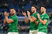 25 February 2023; Ireland players, from right, Conor Murray, Caelan Doris and Rónan Kelleher after their side's victory in the Guinness Six Nations Rugby Championship match between Italy and Ireland at the Stadio Olimpico in Rome, Italy. Photo by Seb Daly/Sportsfile